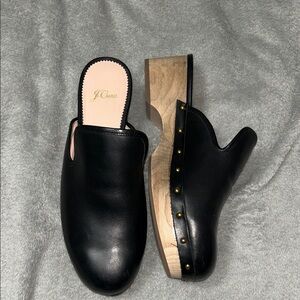 J. Crew Black Leather Mules with Wooden Sole